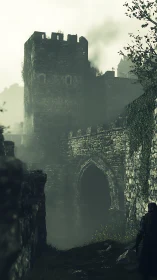 Cloaked watcher beneath the moss-bitten castle gate tower.
