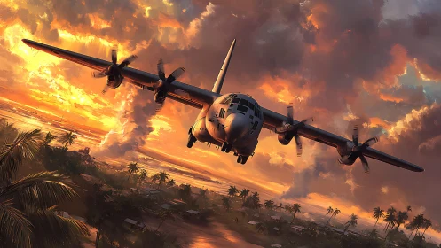 Military transport aircraft over tropical coast at dusk.