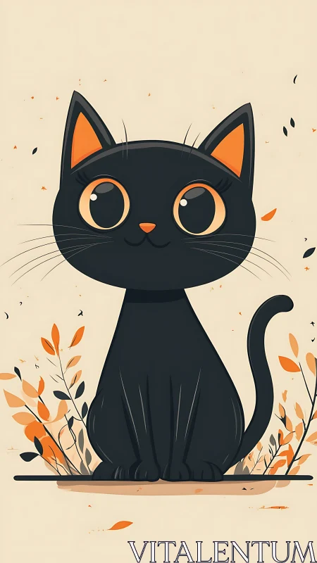 Charming black cat with golden eyes among autumn leaves