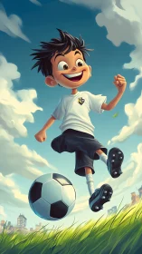 Energetic boy kicking soccer ball under stylized city sky.