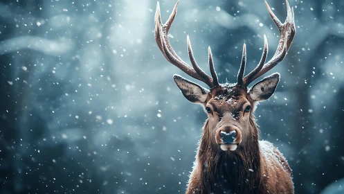 Majestic winter stag stands calm amid softly falling snow