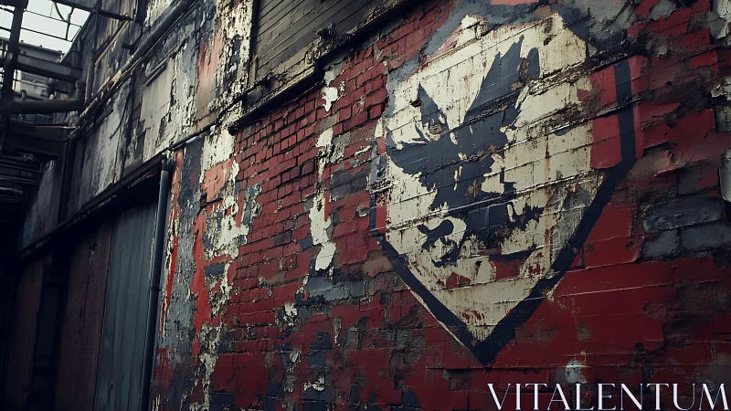 Faded eagle emblem on distressed red brick factory wall.