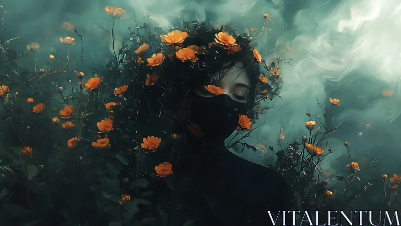 Masked dreamer adrift in a storm of luminous orange blooms.