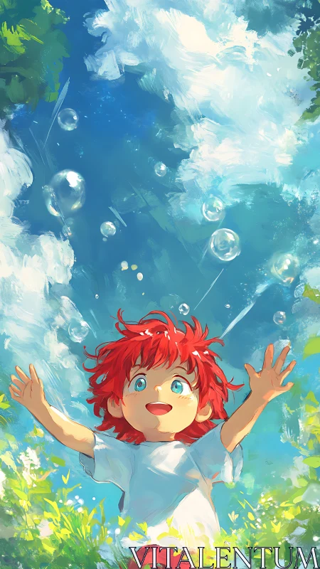 Sunlit joy with a red-haired child chasing summer bubbles.