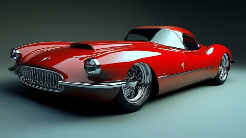 Red retro sports coupe rendered with glossy chrome detail