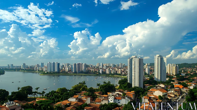 Lakeside skyline with highrise towers under towering clouds.