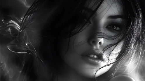 Intense monochrome closeup of woman with flowing hair.