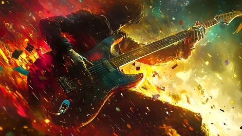 Silhouetted electric guitarist plays amid abstract color field