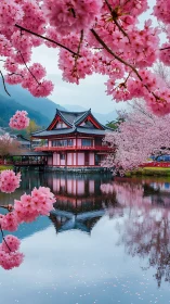 Cherry blossoms frame serene lakeside Japanese temple view