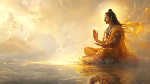 Divine figure meditates in radiant golden celestial light.
