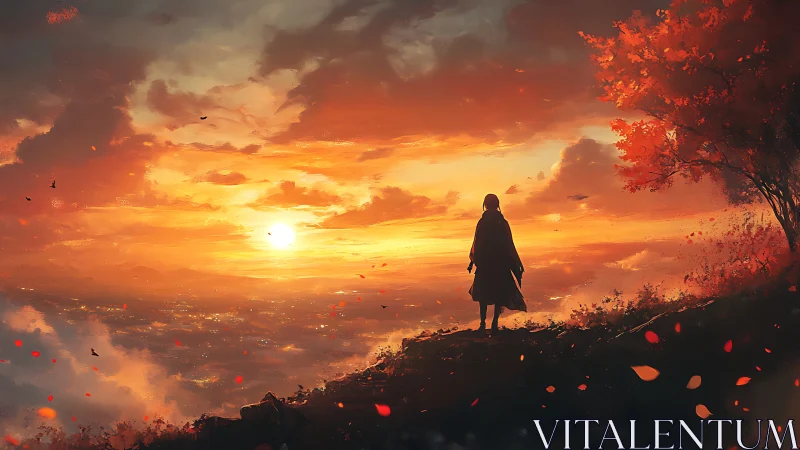 Solitary silhouette overlooking radiant autumn horizon.