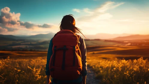 Person with red backpack observing sunlit rural landscape.