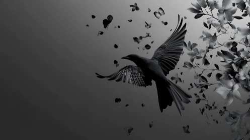 Midnight bird in flight among drifting petals and blooms.
