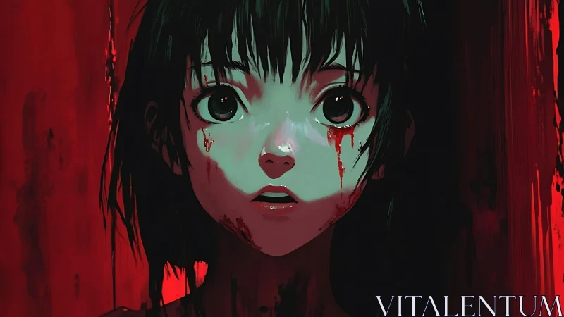 Haunting anime girl stares ahead with wide, fearful eyes