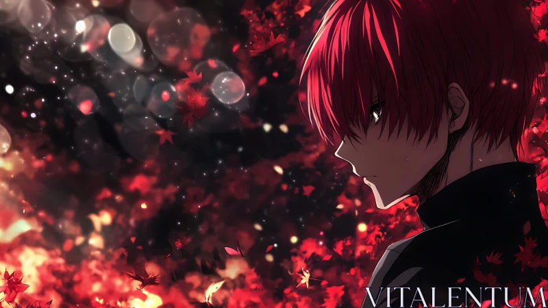 Red haired anime boy stands amid glowing autumn leaves