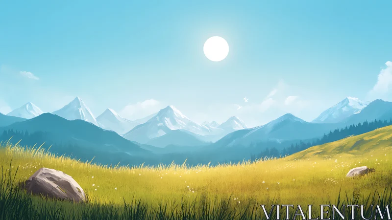 Sunlit mountain meadow invites a calm and gentle daydream