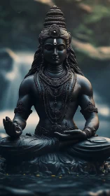 Serene dark stone deity statue in meditative waterfall setting.