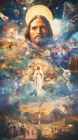 Jesus Christ in cosmic, earthly, and crucifixion scenes.