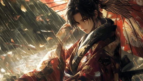 Samurai youth in crimson kimono beneath rainlit umbrella.