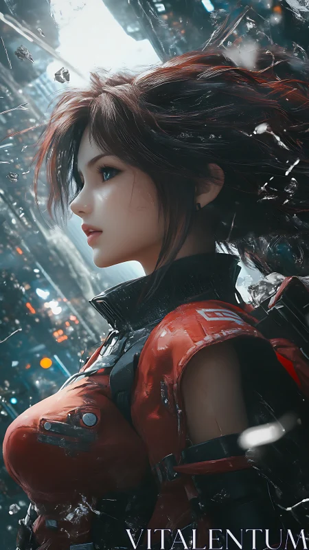 Cybernetic scout in red exosuit moves through neon storm