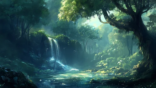 Enchanted Forest Grotto with Luminous Waterfall and Atmospheric Radiance.