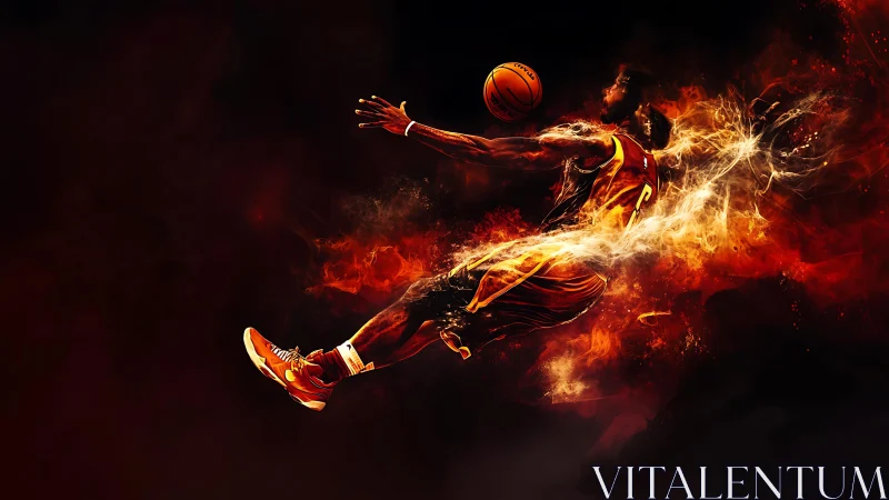 Dynamic fiery basketball slam in explosive digital painting.