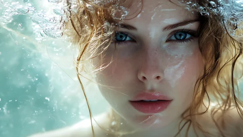 Underwater portrait captures intense blue gaze, dew-lit skin.