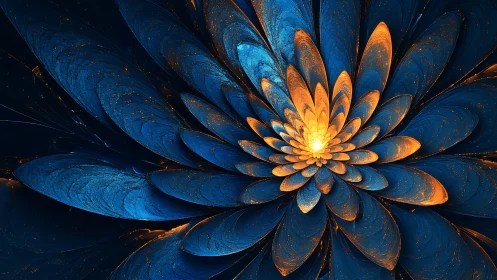 Glowing blue and gold fractal flower unfolding in light.