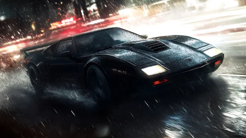 Midnight sports car gliding through neon rain-soaked streets.