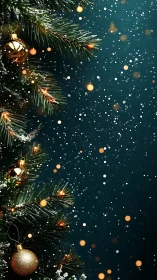 Snow covered fir branches with gold ornaments and bokeh lights.