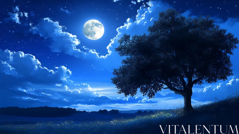 Quiet moonlit tree under a dreamy deep blue night sky.