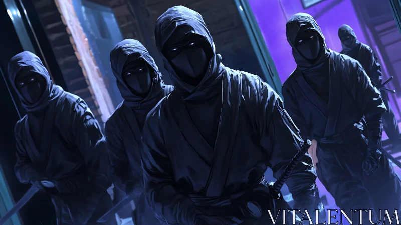 Hooded ninjas advancing through dark urban corridor.