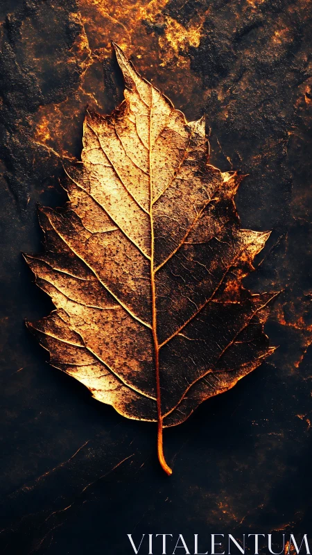 Golden autumn leaf glows against dark stone texture