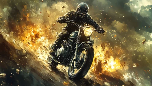 Motorcyclist riding through fire and smoke at high speed.
