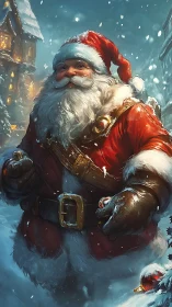 Snow-laden Santa figure in dynamic festive digital rendering.
