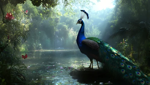 Digital painting of peacock beside misted jungle lagoon.