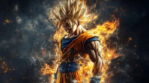 Fiery anime warrior stands glowing with unstoppable power