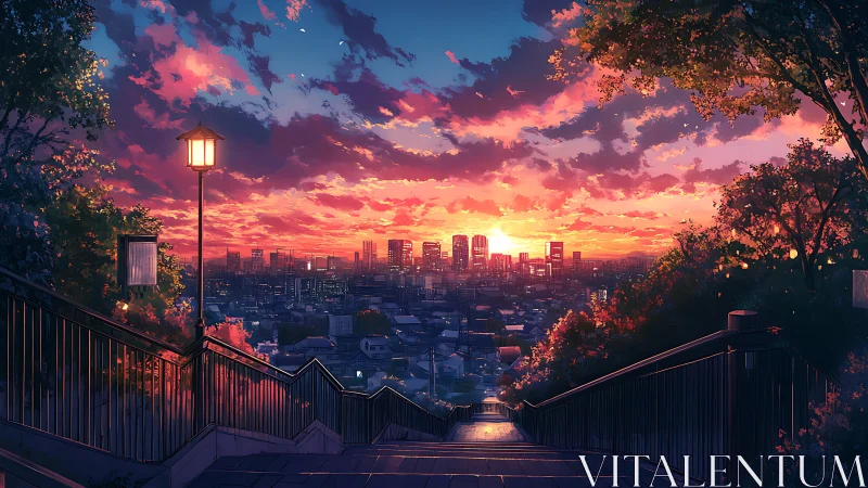 City sunset view from hillside stairs in anime style.