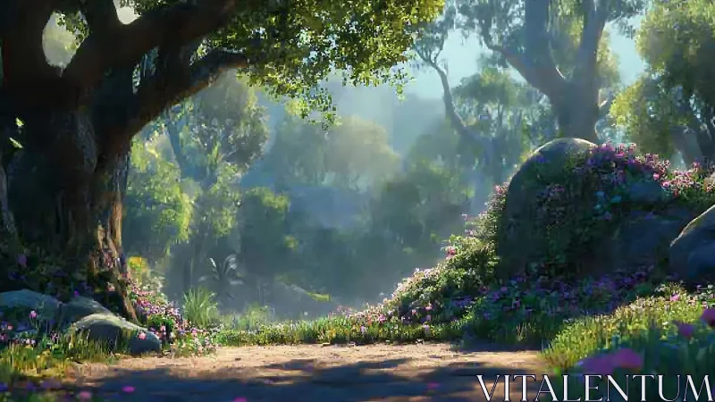Ancient Forest Valley with Blooming Flowers and Misty Atmosphere.