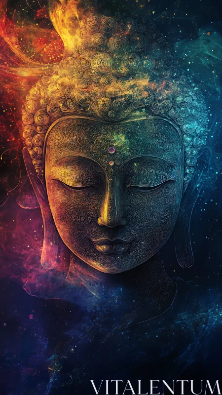 Cosmic Buddha portrait in neon gradients and swirling linework.