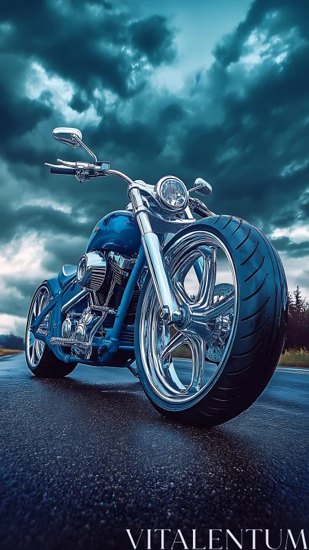 Low-angle view of custom chrome motorcycle on wet asphalt under storm clouds