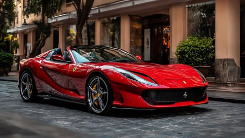 Red luxury convertible sports car shines on elegant city street.