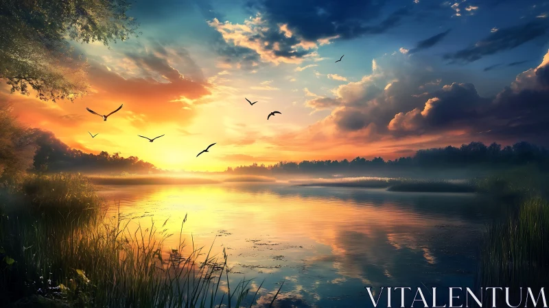 Sunrise ignites misty lake horizon under soaring birds