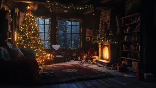 Cozy winter cabin interior with lit Christmas tree and hearth