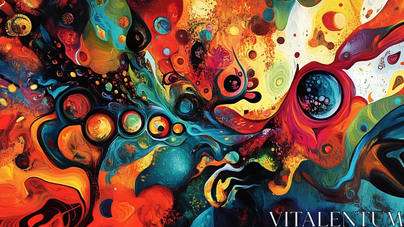 Abstract fluid composition shows layered orbits and dense color fields