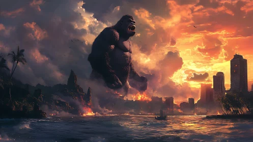 Cinematic digital painting of colossal ape over burning city.