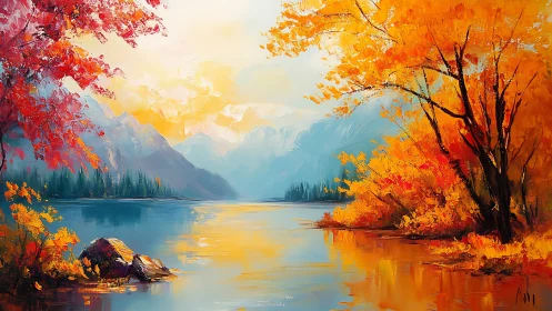 Autumn alpine lake with vivid foliage and glowing sky.