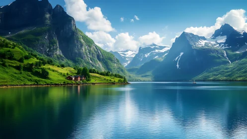 Mountain lake valley with cabins and snow peaks at midday.