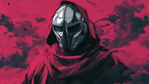 Mysterious armored wanderer beneath vivid crimson skies.