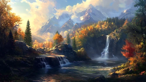 Digital painting of alpine waterfall in radiant autumn light.